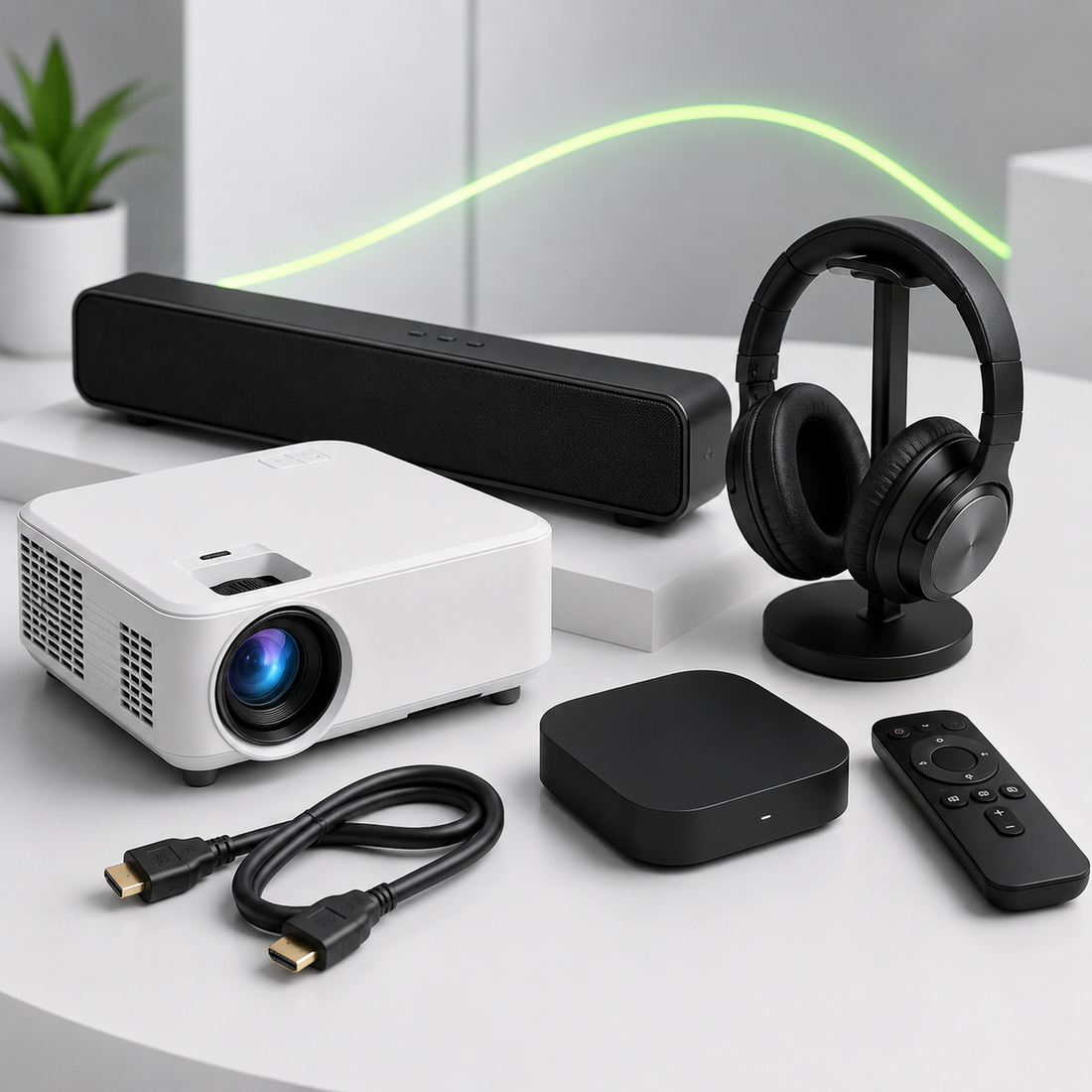 Imported audio and home-entertainment tech — soundbar, headphones, projector and streaming box — delivered duty-paid in South Africa by KifTech