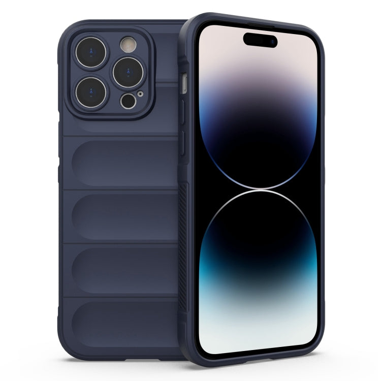 Dark blue Magic Shield phone case made of TPU and flannel for iPhone 14 Pro Max, offering protection against scratches and dirt for mobile phone users.