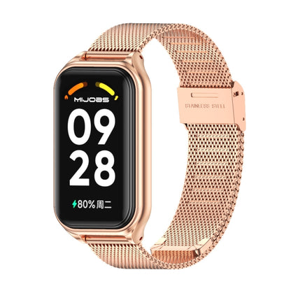 Rose Gold stainless steel Milan buckle watch band with metal shell by Mijobs for Xiaomi Smart Band 8 Active/Redmi Band 2, stylish accessory.