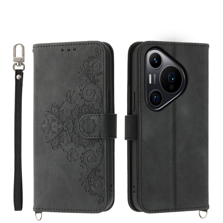 Black leather wallet phone case for Huawei Pura 70 Pro / Pura 70 Pro+ with skin-feel finish, embossed flowers, card holder, kickstand, and wrist strap for daily use.