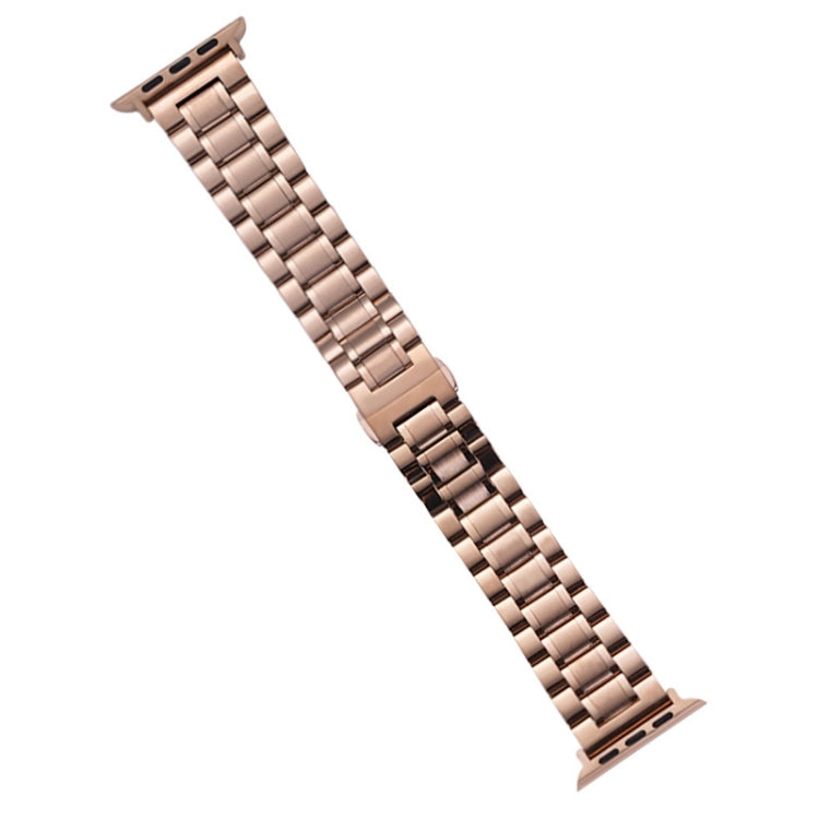 Rose gold five-beads stainless steel watch band for Apple Watch, compatible with 42mm/41mm/40mm/38mm and 46mm/49mm/45mm/44mm models, ideal for daily wear.