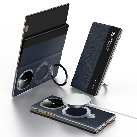 SULADA leather phone case in blue for Huawei Mate XT Ultimate Design with Smart View Window and MagSafe Magnetic Holder for easy charging and viewing.