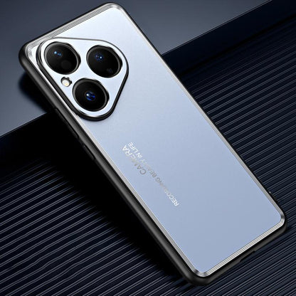 Blue frosted metal phone case for Huawei Pura 80 5G, designed for protection, featuring a simple shape and accessible ports, durable TPU and metal construction.
