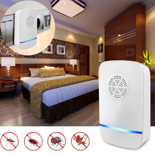 Electronic ultrasonic pest repeller with light for indoor home and garden use, compatible with AC 110-220V power sources.