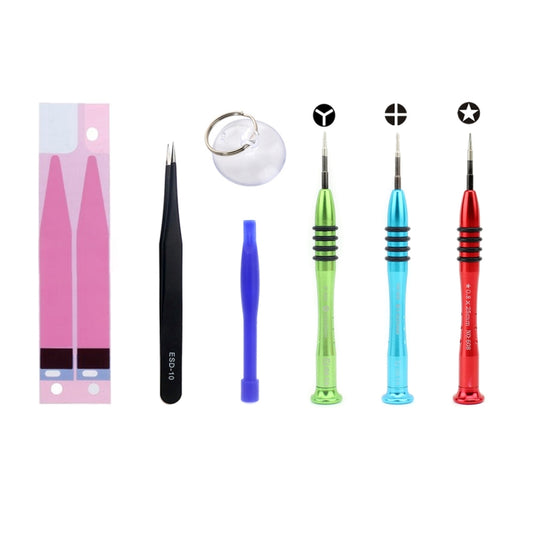 JIAFA JF-8163 7-in-1 battery repair tool set for iPhone 7 includes spudger, tweezers, suction cup, and three screwdrivers for mobile phone battery repair.