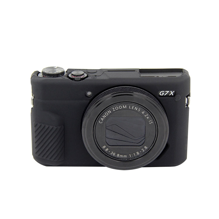 Black soft silicone protective case by PULUZ for Canon EOS G7 X Mark II Digital SLR Camera, designed for protection and easy tripod mounting.