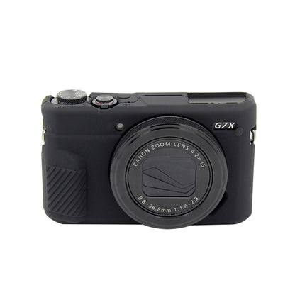 Black soft silicone protective case by PULUZ for Canon EOS G7 X Mark II Digital SLR Camera, designed for protection and easy tripod mounting.