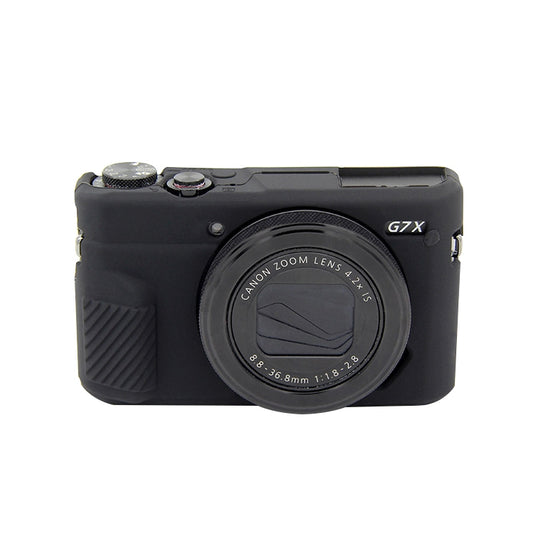 Black soft silicone protective case by PULUZ for Canon EOS G7 X Mark II Digital SLR Camera, designed for protection and easy tripod mounting.