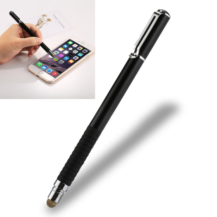Black universal 2 in 1 multifunction round thin tip capacitive touch screen stylus pen by KifTech, compatible with iPhone, iPad, Samsung, and other smartphones/tablets, designed for smooth navigation and keeping the screen free from scratches and fingerprints, featuring a built-in clip.