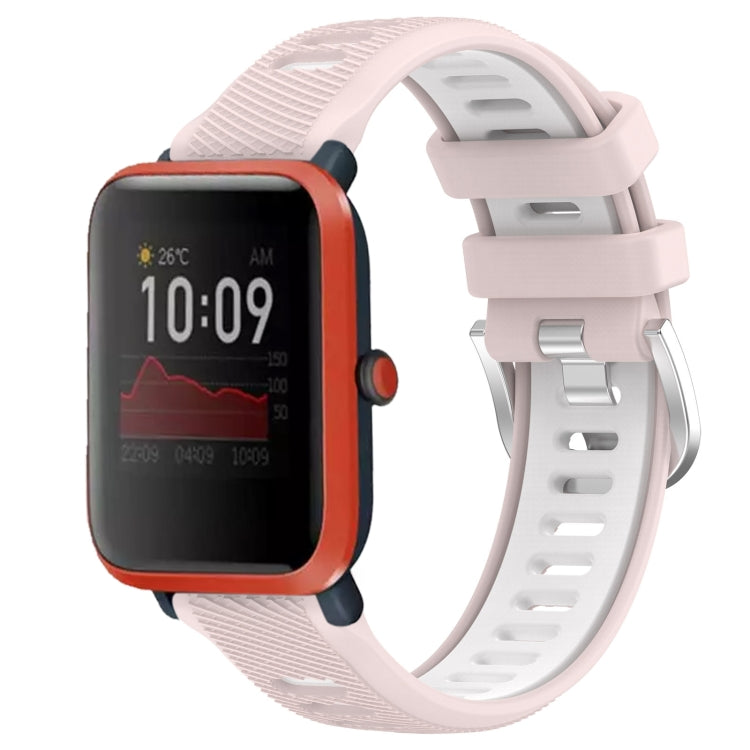 Pink and white cross-texture silicone watch band with a steel buckle for Amazfit Bip3 20mm, designed for sports.