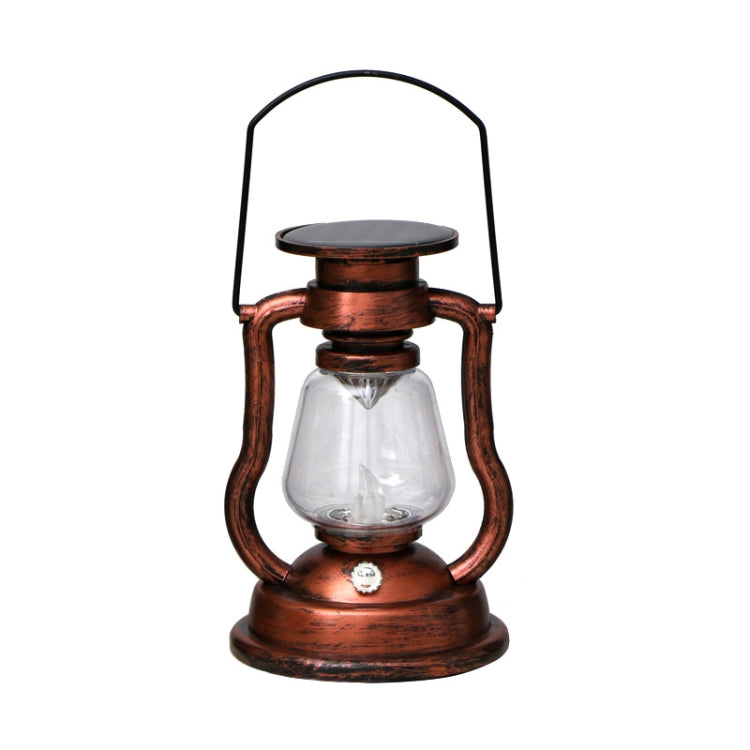 Bronze retro solar kerosene lamp shaped handheld light, ideal for home decor, power failure emergency, or courtyard decoration, featuring a flame-shaped LED.