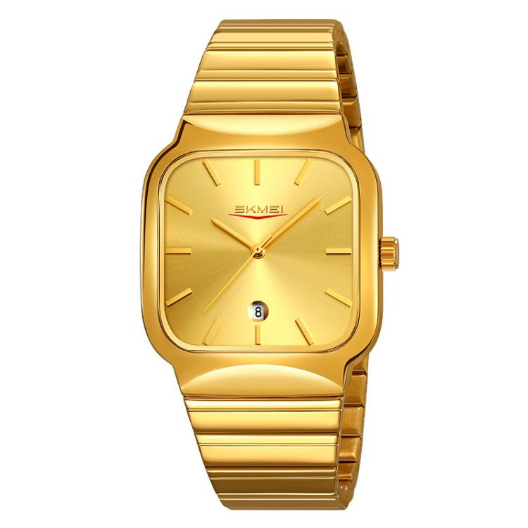 SKMEI 9361 business casual square quartz watch with a gold case, textured gold dial, and stainless steel strap.