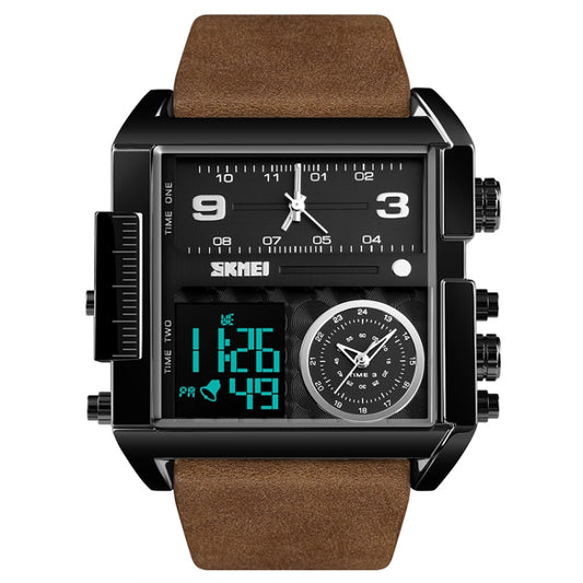SKMEI 1391 men's digital business watch with a square dial and a black and coffee leather watchband, featuring multiple functions and 30m waterproof rating.